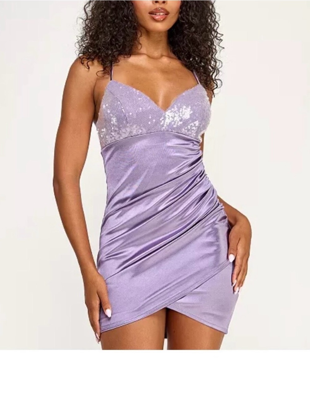 Seni&Cade Lilac Sequin Satin Ruched Mini Dress - Women Dresses Mini